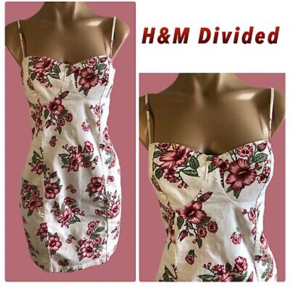 Divided by H&M Denim White Floral Mini Dress Womens Size 8 Stretch Cotton Blend